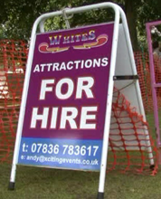 White Events attractions for hire sign